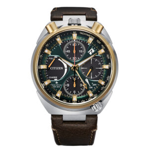 Cronógrafo Citizen Promaster Tsuno Chrono AV0104-06W esfera verde y correa de piel marrón